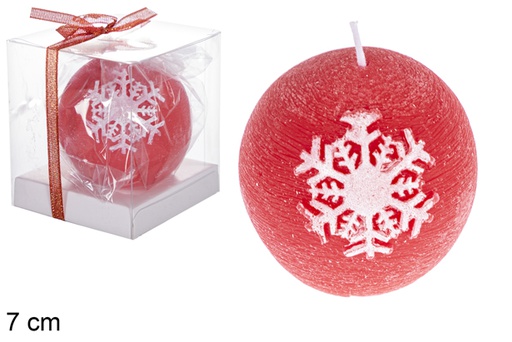 [118292] Bougie boule rouge décorée flocon de neige 7 cm