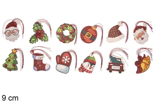 [118301] Pack 12 étiquettes cadeaux de Noël assorties 9 cm