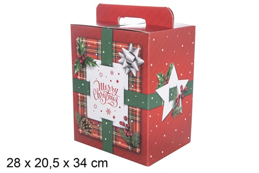 [118348] Caja bizcocho roja con asas decorado copos nieve 28x20,5 cm  