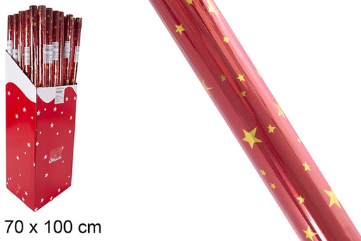 [118378] Papel céu laminado de Natal vermelho com estrelas douradas 70x100 cm