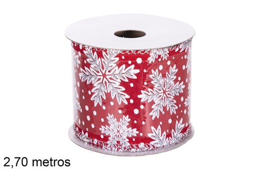 [118380] Red Christmas ribbon decorated with silver/glitter snowflakes 2,7 m.