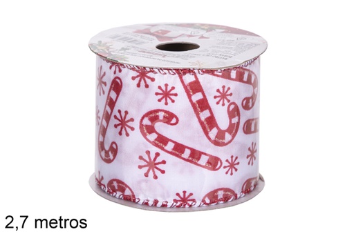 [118406] White Christmas ribbon decorated with red canes 2,7 m.