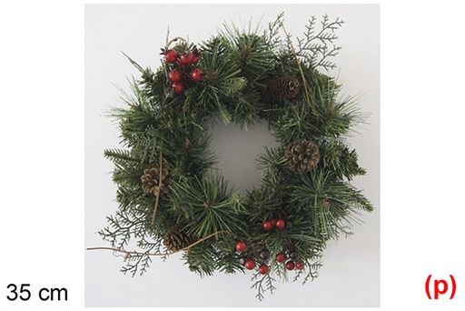 [118550] Christmas wreath with red berries and pine cones 35 cm