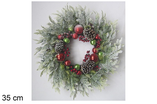 [118553] Snowy Christmas wreath with red balls and pine cones 35 cm