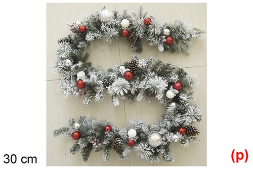 [118561] Snowy Christmas garland with red/white balls and pine cones 30 cm