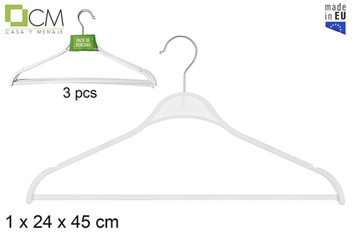 [119303] Pack 3 white plastic hangers metal hook