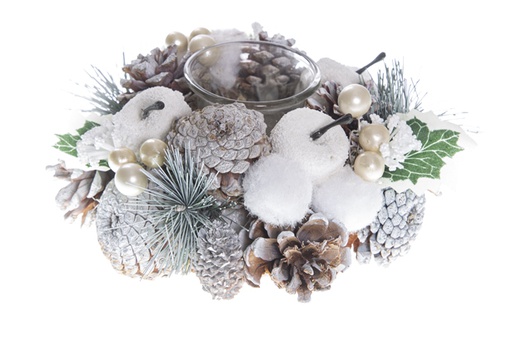 [119393] Crystal candle holder with white pine cones 19 cm