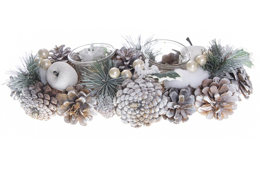 [119394] Double glass candle holder with pine cones and white berries 31 cm