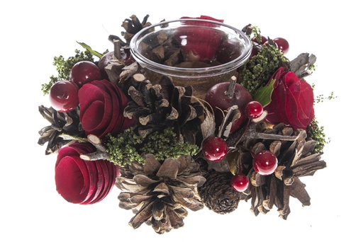 [119560] Crystal candle holder decorated with pine cones and red flowers 17 cm