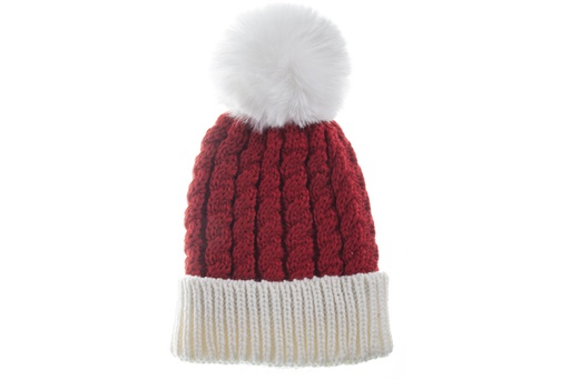 [119574] Cappello da adulto in lana rossa con pompon bianco