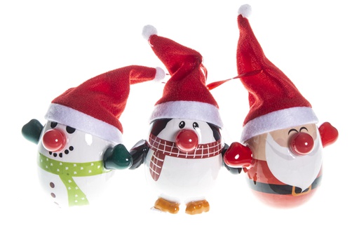 [119657] Bola PVC ovalada Papa Noel, pingüino, muñeco nieve con gorro rojo 18 cm