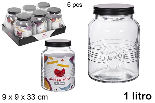 [119894] Bote cristal decorado tapa metal negra 1 litro