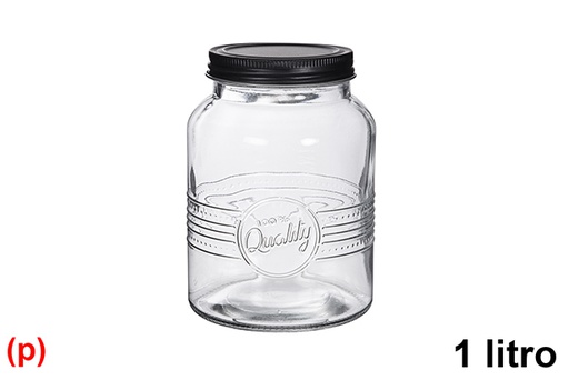 [119894] Decorated glass jar with black metal lid 1 l.