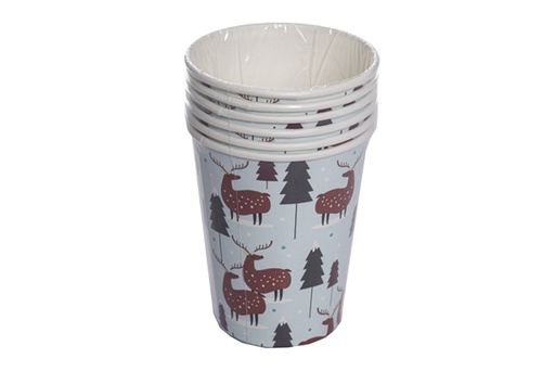 [119906] Pack 6 Christmas reindeer decorated paper cups 260 ml