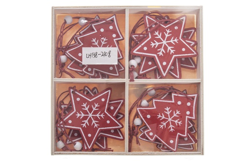 [119919] Pack 12 red and white star/tree wooden pendant assorted