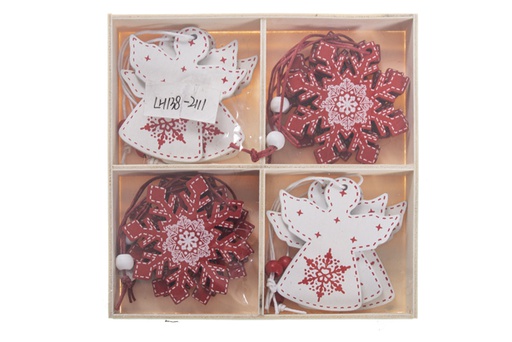 [119920] Pack 12  wooden pendant angel/snowflake red and white assorted