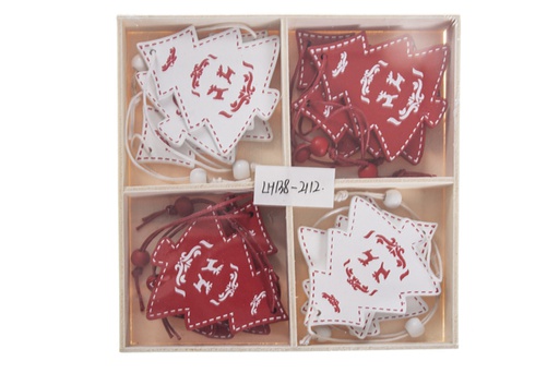 [119921] Pack 12 pingentes de árvore de madeira vermelho e branco sortido