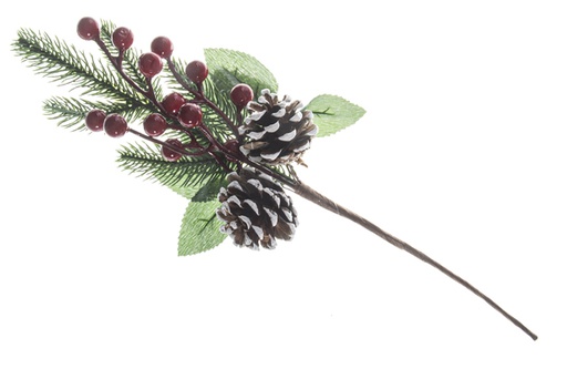 [119965] Christmas branch with berries and snowy pine cones 36 cm