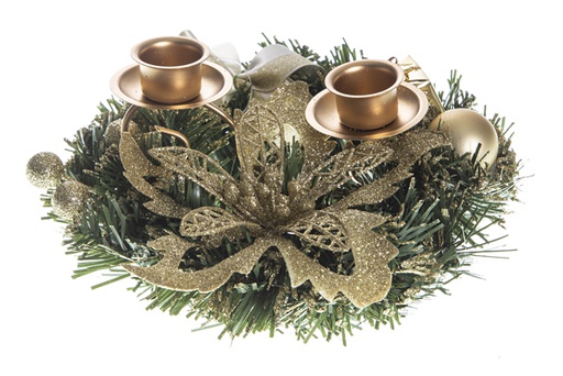 [119976] Castiçal duplo coroa decorada ouro 20 cm