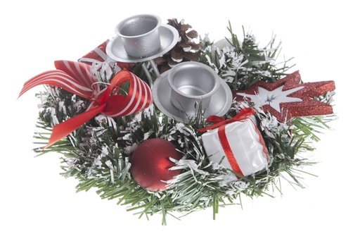 [119979] Corona portacandele natalizia innevata decorata rosso/bianco 20 cm