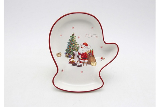 [120002] Vassoio in ceramica a forma di guanto natalizio decorato con Babbo Natale 20 cm