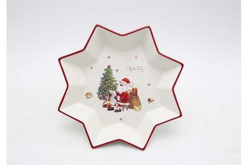 [120003] Vassoio in ceramica a forma di stella di Natale decorata con Babbo Natale 27 cm