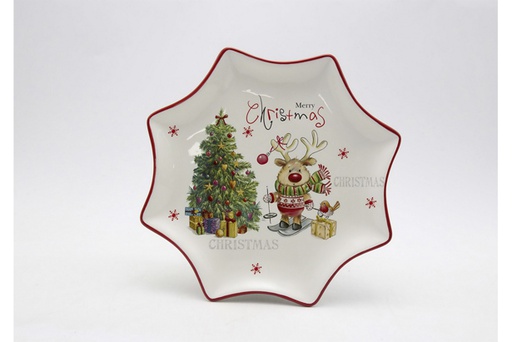 [120026] Vassoio in ceramica a forma di stella di Natale decorata Renna 30,5 cm