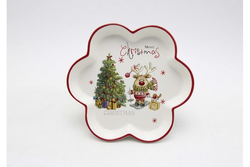 [120027] Bandeja de cerâmica em forma de flor de Natal decorada com rena 20 cm
