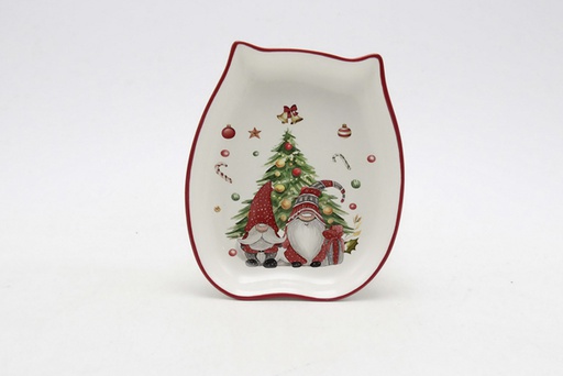 [120142] Christmas cat shaped ceramic tray decorated elf 15 cm