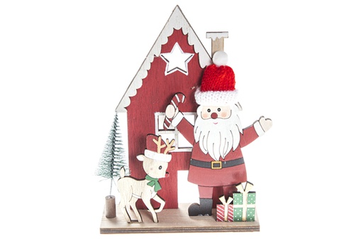 [120223] Wooden Christmas figure Santa Claus with house and reindeer