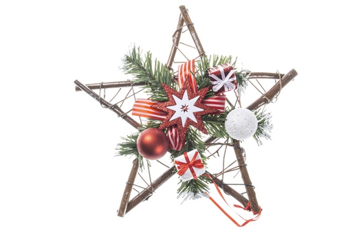 [120270] Estrella madera Navidad decorada Lazo y estrella fugaz rojo/blanco 30 cm