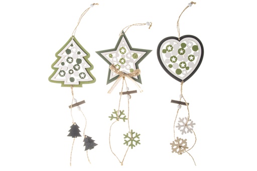 [120290] Assorted green Christmas tree/heart/star wooden pendant