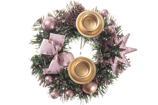 [120291] Pink Christmas candle holder wreath decorated 20 cm