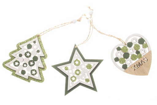 [120302] Assorted green Christmas tree/heart/star wooden pendant