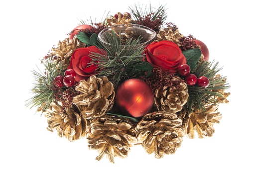[120408] Bougeoir décoré de boules dorées et pommes de pin 21 cm