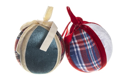 [120445] Blue plaid Christmas ball with assorted pom pom 80 mm