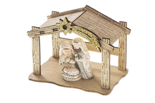 [120481] Crèche en bois avec figurines en résine et étoile filante