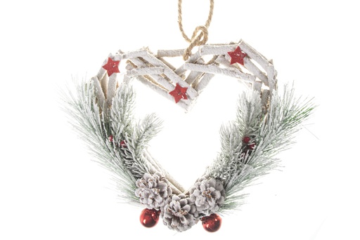 [120491] Colgante madera corazón nevado decorado pino y piñas 30 cm
