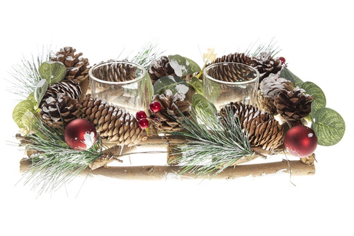 [120504] Double wooden candle holder with pine cones and pine 25x12 cm