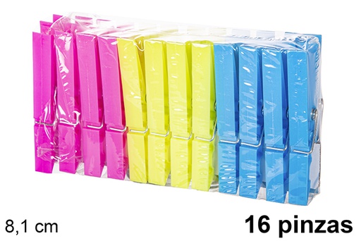 [120714] Pack 16 plastic clips assorted colors 8,1 cm