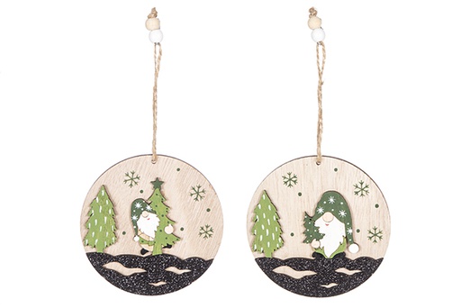 [120751] Pendentif rond en bois elfe avec sapin de Noël assorti 10 cm