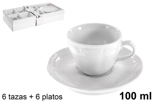 [121061] Pack 6 tasses à café au lait avec assiettes blanches 100 ml