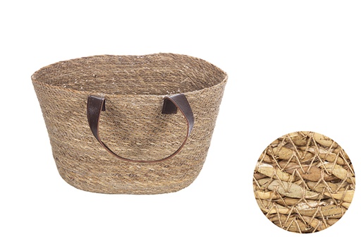 [121119] Navicella piccola in erba marina con manico corto in pelle