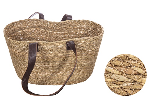 [121122] Capazo seagrass mediano con asa larga cuero