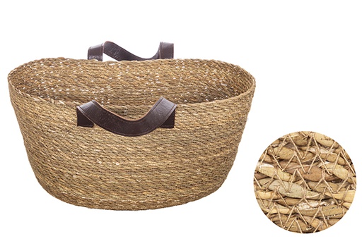 [121123] Medium seagrass basket with short leather handle