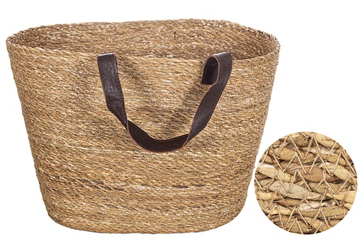 [121131] Large seagrass basket with short leather handle