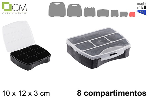 [121380]  Boîte de rangement en plastique avec 8 compartiments noirs