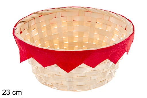 [121444] Round natural bamboo planter with red fringe 23 cm