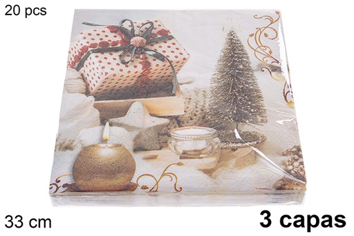 [121481] Pack 20 serviettes 3 épaisseurs décorées Noël 33 cm