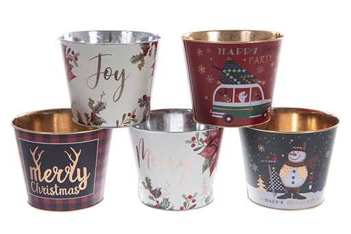 [121766] Christmas decorated metal flower pot bucket assorted 17,5x14 cm